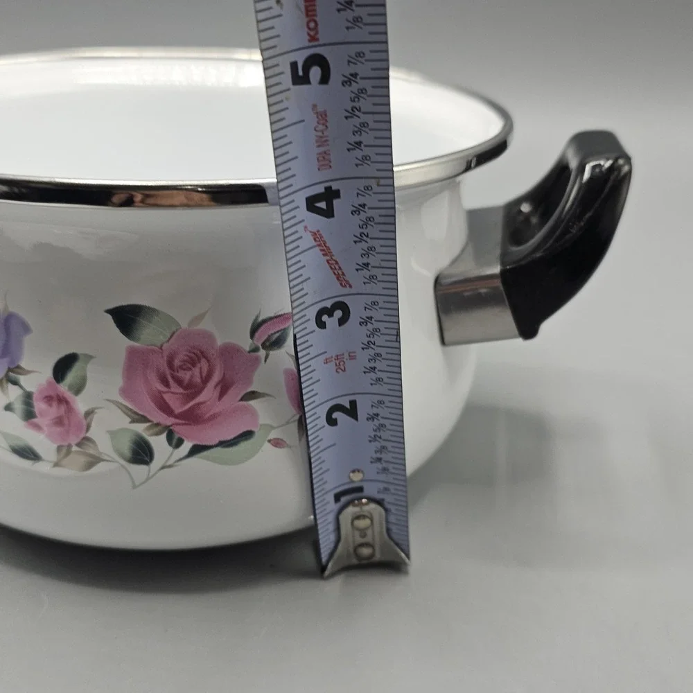 Vintage Roses Floral Flowers Enameled Sauce Pan Pot 1 Quart Grandmacore Cottage